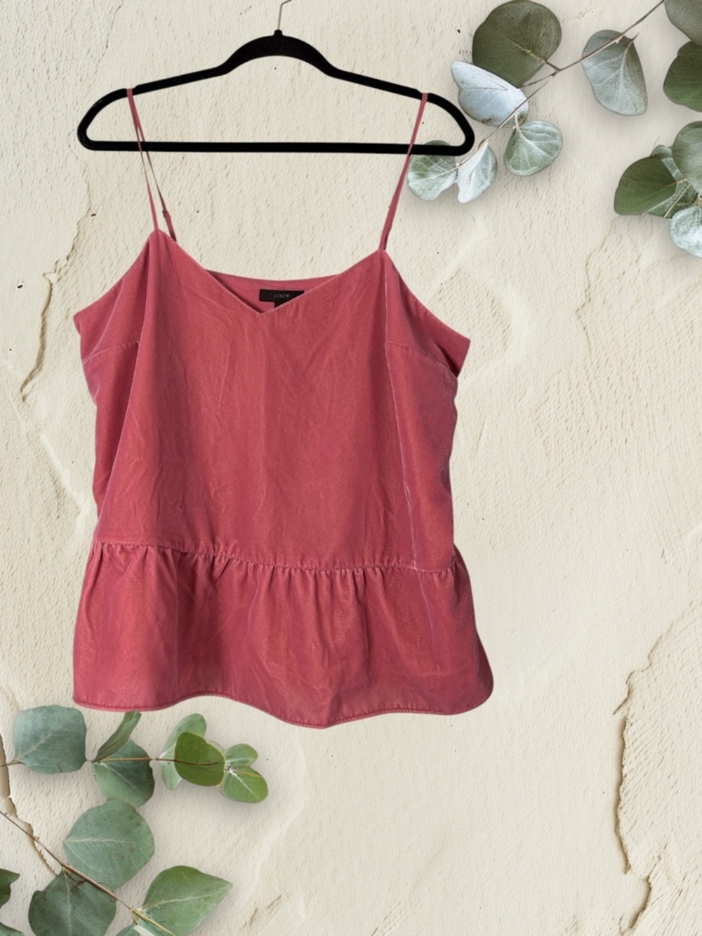 J Crew Tank Top Women’s Sz 12  Pink Velvet Ruffle Hem Adjustable Classic Party